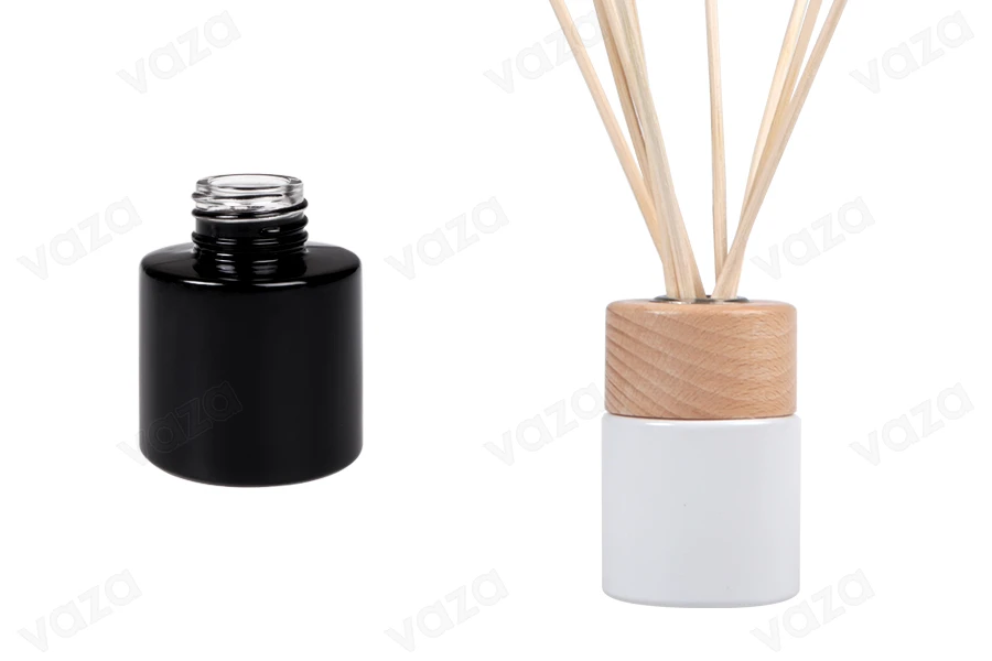 Shishe qelqi cilindrike 50 ml, e përshtatshme për aromatizues ambienti, në ngjyrë të zezë ose të bardhë.-imazh_grup