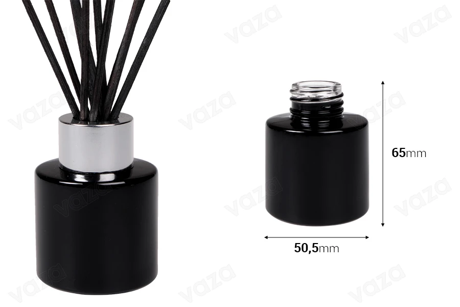 Shishe qelqi cilindrike 50 ml, e përshtatshme për aromatizues ambienti, në ngjyrë të zezë ose të bardhë.-imazh_dimensione