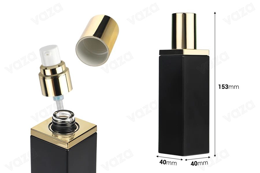 Luxury 100 ml glass bottle in black matte color with gold cap and cream pump Luxury 100 ml glass bottle in black matte color with gold cap and cream pump-photo_dimensions