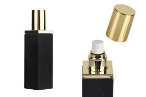 Γυάλινο μπουκάλι 100 ml πολυτελείας σε μαύρο ματ χρώμα με χρυσό καπάκι και αντλία κρέμας-1