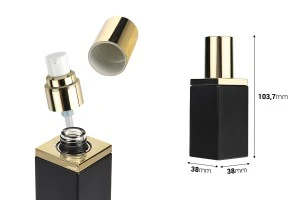 Γυάλινο μπουκάλι 40 ml πολυτελείας σε μαύρο ματ χρώμα με χρυσό καπάκι και αντλία κρέμας-2