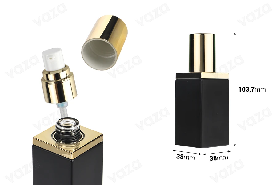 Luxury 40 ml glass bottle in black matte color with gold cap and cream pump Luxury 40 ml glass bottle in black matte color with gold cap and cream pump-photo_dimensions