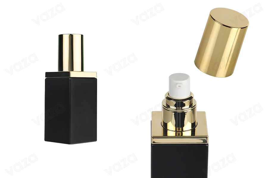 Luxury 40 ml glass bottle in black matte color with gold cap and cream pump Luxury 40 ml glass bottle in black matte color with gold cap and cream pump-photo_produit