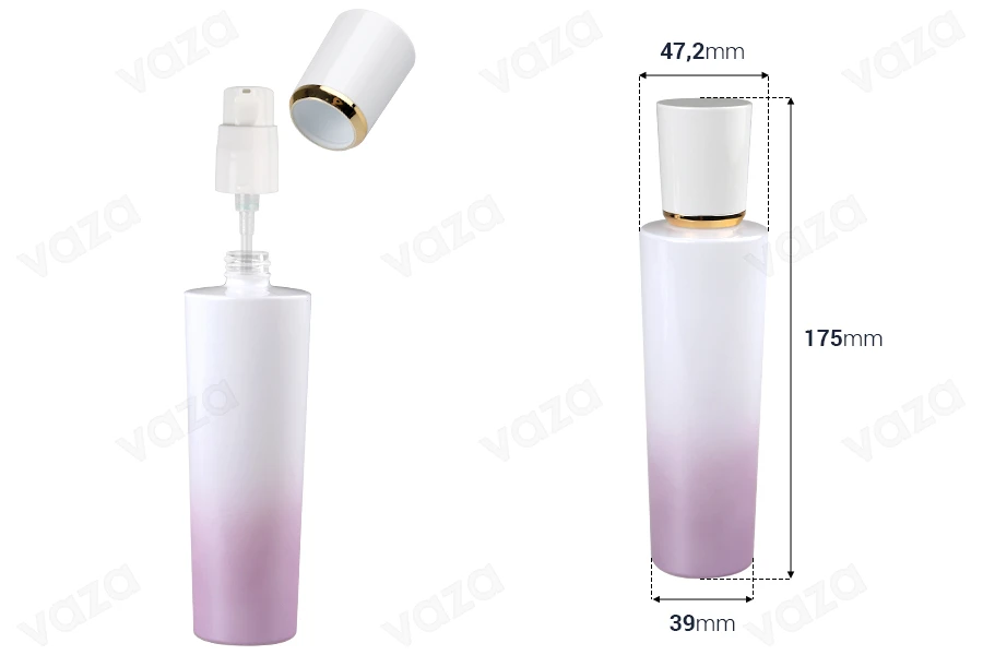 Γυάλινο μπουκάλι 100 ml πολυτελείας σε μωβ λευκό χρώμα με αντλία κρέμας και ακρυλικό καπάκι-εικόνα_διαστάσεις