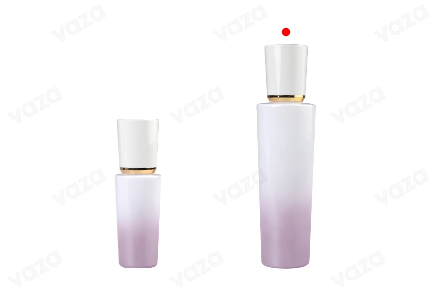 Γυάλινο μπουκάλι 100 ml πολυτελείας σε μωβ λευκό χρώμα με αντλία κρέμας και ακρυλικό καπάκι-εικόνα_σύνθεση