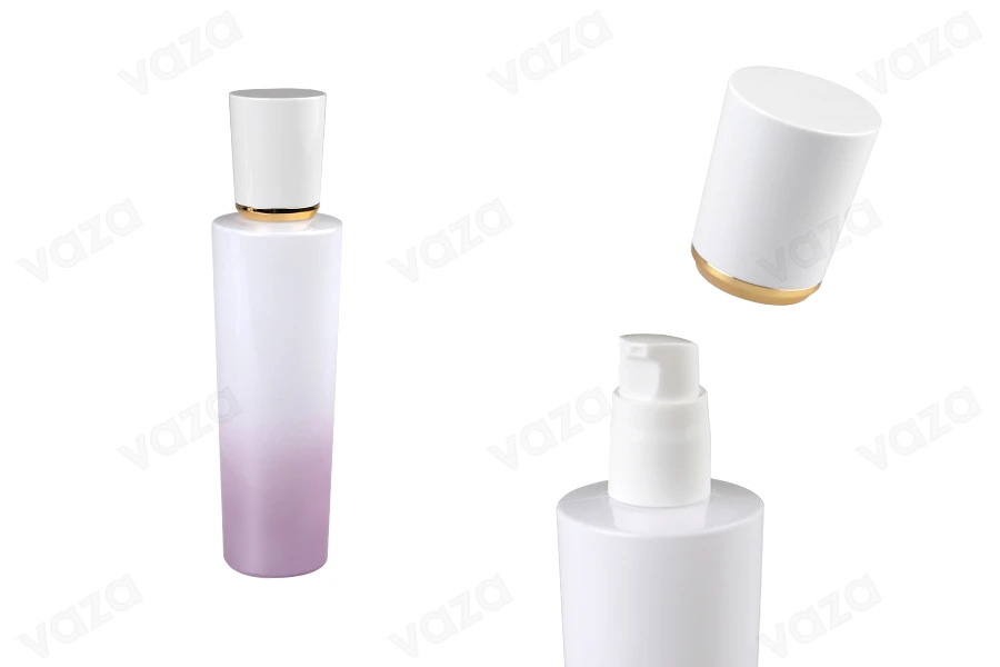 Γυάλινο μπουκάλι 100 ml πολυτελείας σε μωβ λευκό χρώμα με αντλία κρέμας και ακρυλικό καπάκι-εικόνα_προϊοντική