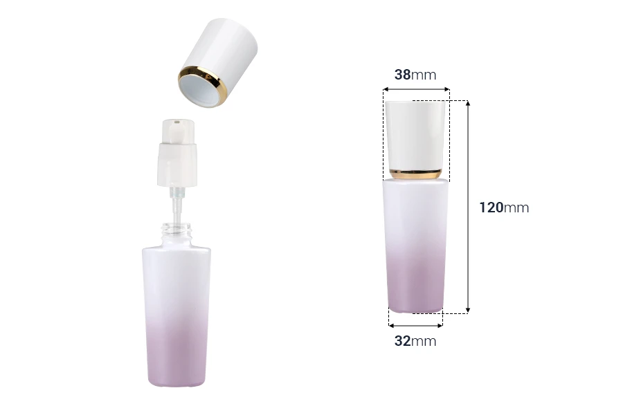 Γυάλινο μπουκάλι 30 ml πολυτελείας σε μωβ λευκό χρώμα με αντλία κρέμας και ακρυλικό καπάκι Γυάλινο μπουκάλι 30 ml πολυτελείας σε μωβ λευκό χρώμα με αντλία κρέμας και ακρυλικό καπάκι