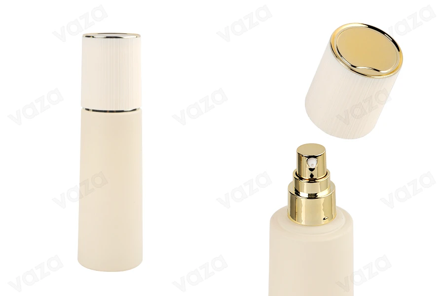 Γυάλινο μπουκάλι 100 ml πολυτελείας σε μπεζ ματ χρώμα με καπάκι και χρυσή αντλία κρέμας-εικόνα_προϊοντική