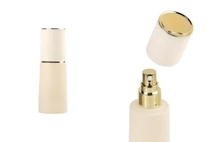 Γυάλινο μπουκάλι 40 ml πολυτελείας σε μπεζ ματ χρώμα με καπάκι και χρυσή αντλία κρέμας-1