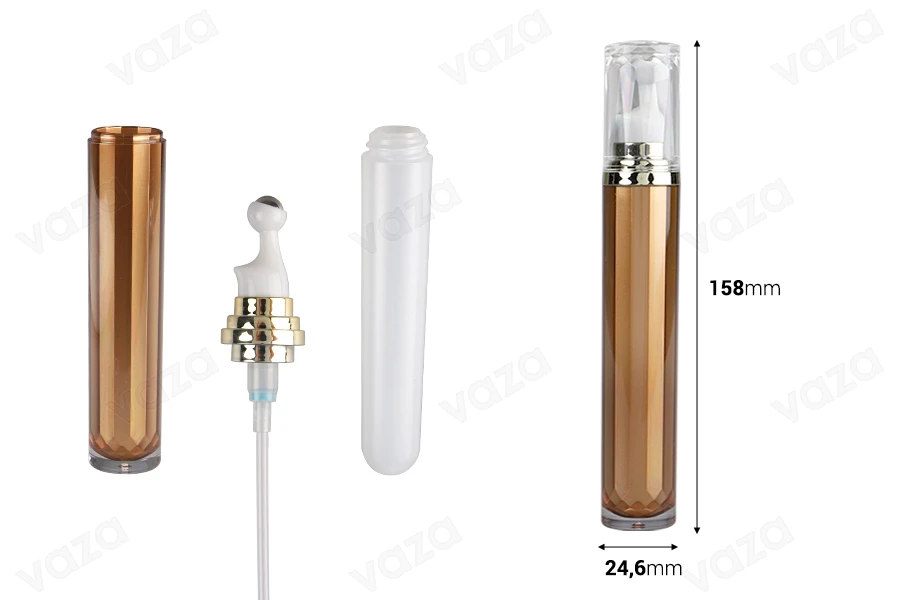 Μπουκαλάκι ακρυλικό 20 ml για καλλυντική χρήση σε καφέ χρώμα με αντλία roll-on και καπάκι-εικόνα_διαστάσεις