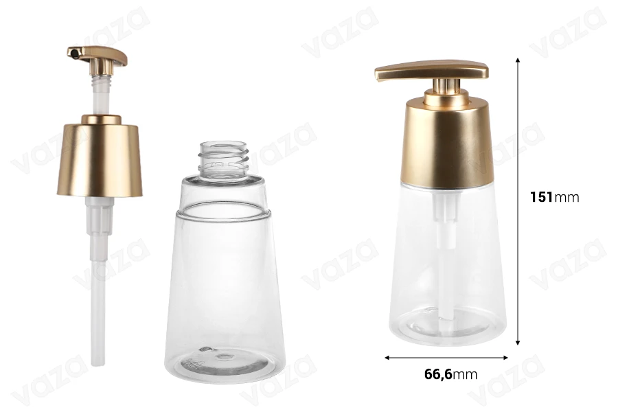 Shishe plastike PET 200 ml transparente me pompë ngjyrë ari mat Shishe plastike PET 200 ml transparente me pompë ngjyrë ari mat -imazh_dimensione