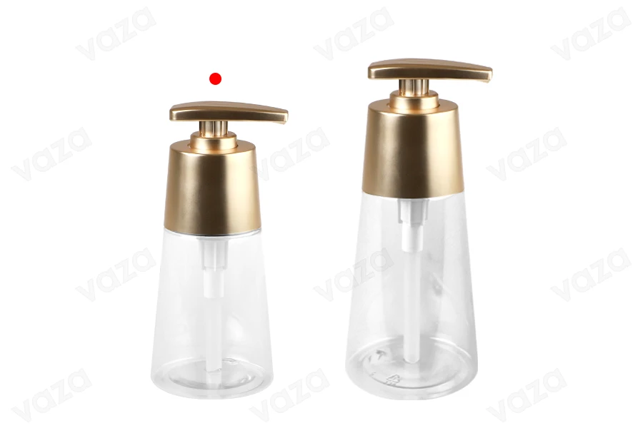 Shishe plastike PET 200 ml transparente me pompë ngjyrë ari mat Shishe plastike PET 200 ml transparente me pompë ngjyrë ari mat -imazh_grup
