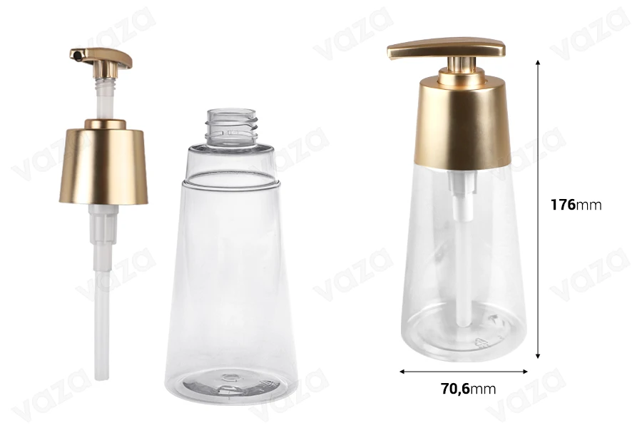 Flacon en plastique PET 300 ml transparent avec pompe dorée mate-photo_dimensions