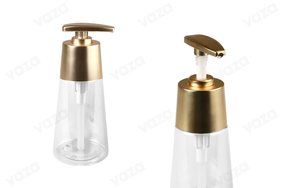 Flacon en plastique PET 300 ml transparent avec pompe dorée mate-photo_produit