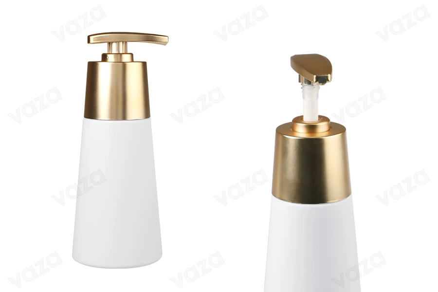Πλαστικό PET μπουκάλι 300 ml λευκό ματ με χρυσή ματ αντλία Πλαστικό PET μπουκάλι 300 ml λευκό ματ με χρυσή ματ αντλία-εικόνα_προϊοντική