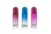 Flacon rond de 30 ml en verre de différentes couleurs avec bouchon et vaporisateur argenté