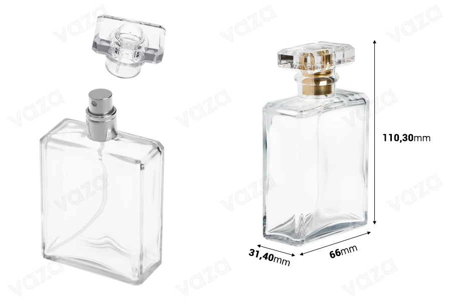 Shishe parfumi prej qelqi 100 ml transparente me sprej dhe kapak Shishe parfumi prej qelqi 100 ml transparente me sprej dhe kapak-imazh_dimensione