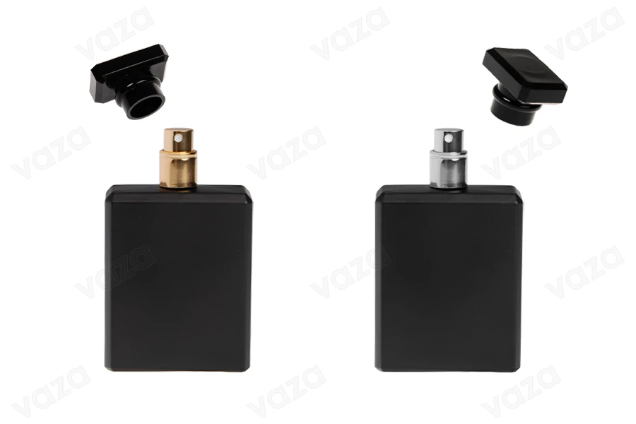 Flacon de parfum en verre de 100 ml de couleur noire avec vaporisateur et bouchon-photo_groupe