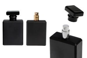 Bottiglia di profumo da 100 ml in vetro di colore nero con spray e tappo.-1