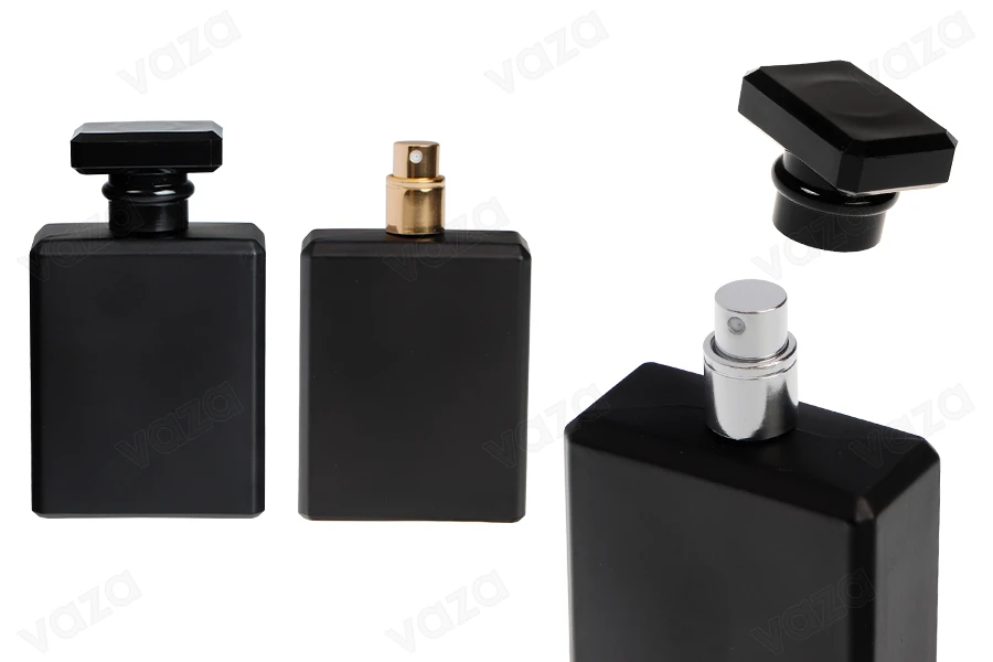 Flacon de parfum en verre de 100 ml de couleur noire avec vaporisateur et bouchon-photo_produit