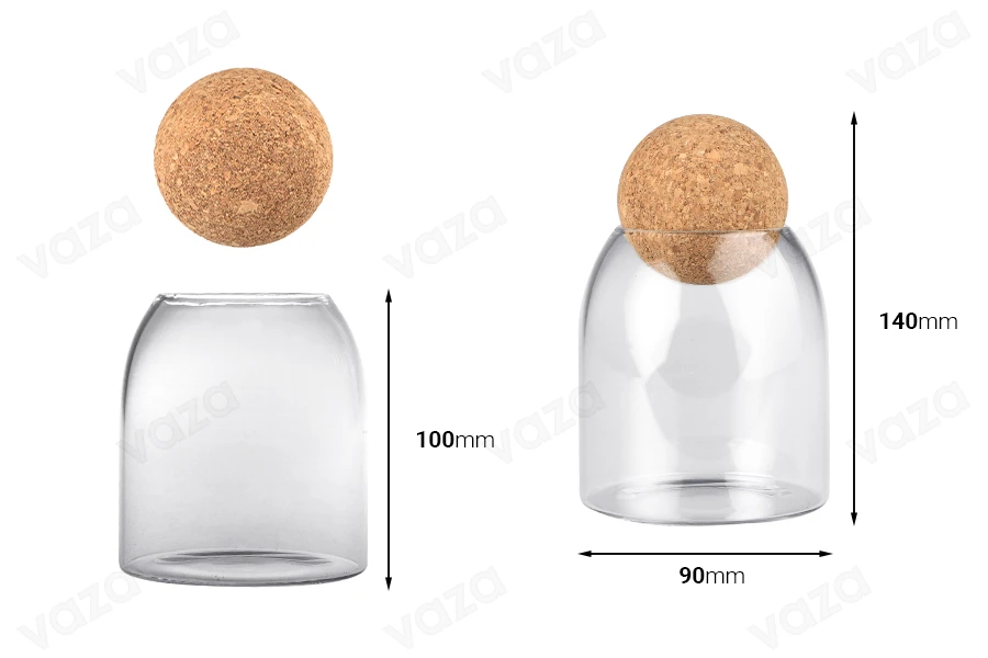 Enë qelqi transparente 500 ml me tapë natyrale në formë sferike-imazh_dimensione