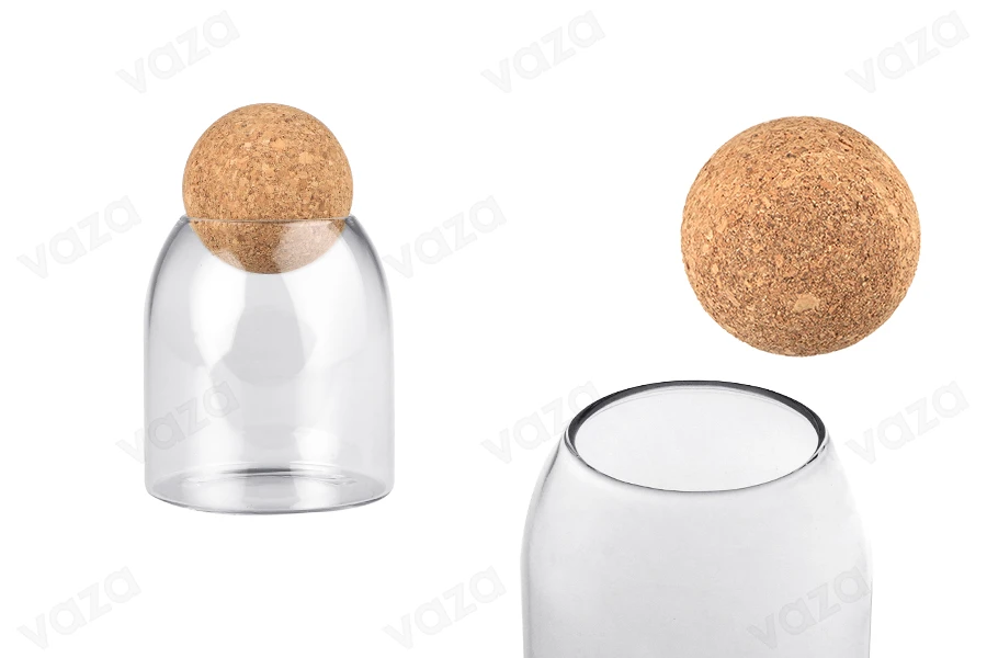 Enë qelqi transparente 500 ml me tapë natyrale në formë sferike-imazh_produkt