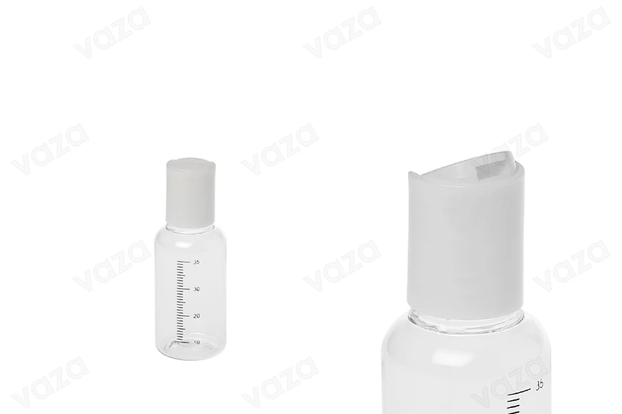 Μπουκαλάκι 35 ml πλαστικό, διάφανο με διαβάθμιση και λευκό καπάκι disk top - 24 τμχ-εικόνα_διαστάσεις