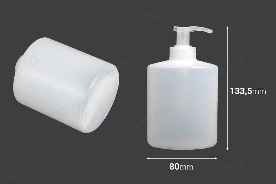 Round plastic bottle 400ml semi-transparent  with pump 28/400-photo_dimensions