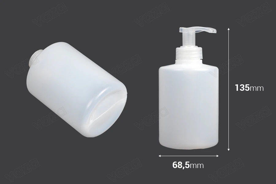 Bouteille en plastique ronde de 300 ml avec pompe pour savon liquide, semi-transparente Bouteille en plastique ronde de 300 ml avec pompe pour savon liquide, semi-transparente-εικόνα_διαστάσεις