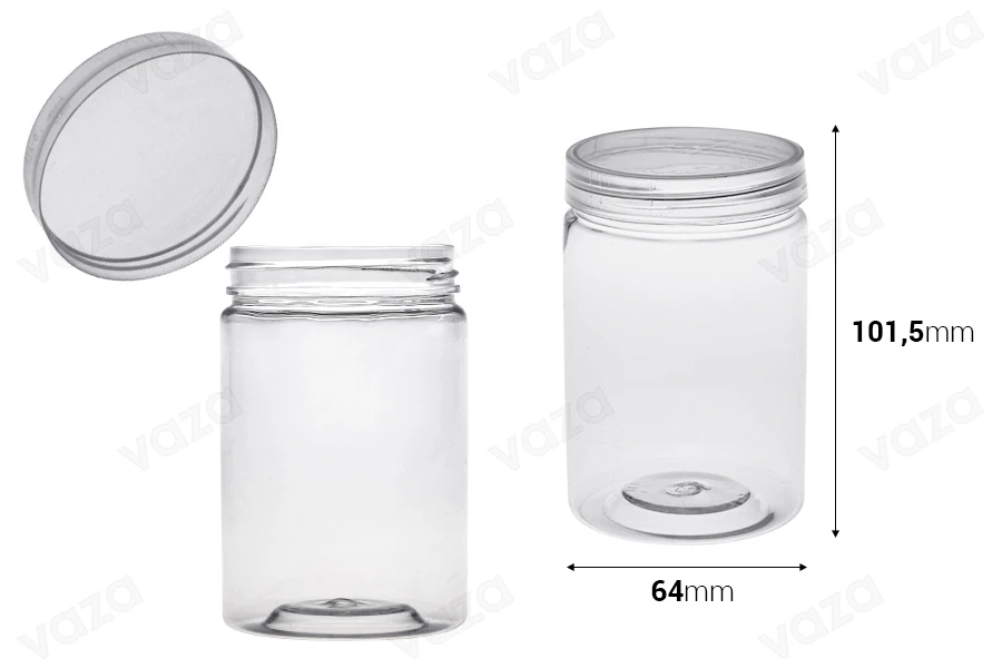 Transparent 250ml PET jar with cap in size 65x101,5mm -available in a package with 12 pcs Transparent 250ml PET jar with cap in size 65x101,5mm -available in a package with 12 pcs-image_dimensions