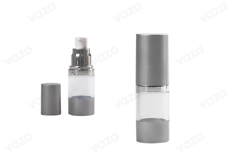 Flacon airless pour crème de 15 ml avec corps transparent en acrylique et bouchon en plastique argenté mat Flacon airless pour crème de 15 ml avec corps transparent en acrylique et bouchon en plastique argenté mat-εικόνα_προϊοντική
