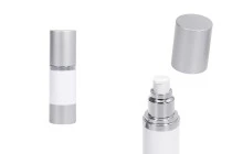 Bottiglia airless da 30 ml per crema con corpo bianco in plastica, con tappo e base in alluminio di colore argento opaco.