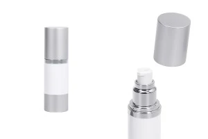 Airless-Flasche für Sahne 30 ml mit Kunststoff, weißem Körper, Kappe und Aluminiumboden in mattsilberner Farbe