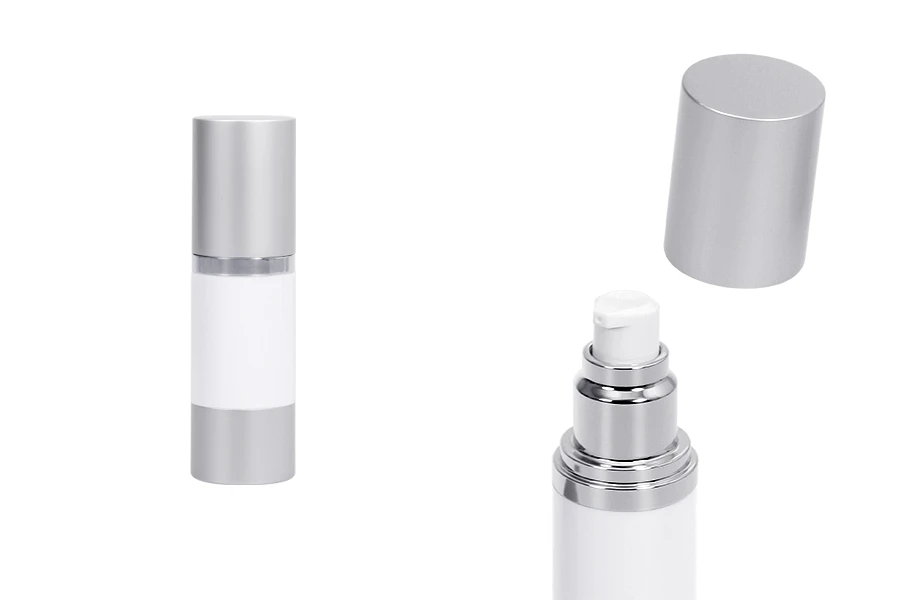 Bottiglia airless da 30 ml per crema con corpo bianco in plastica, con tappo e base in alluminio di colore argento opaco.