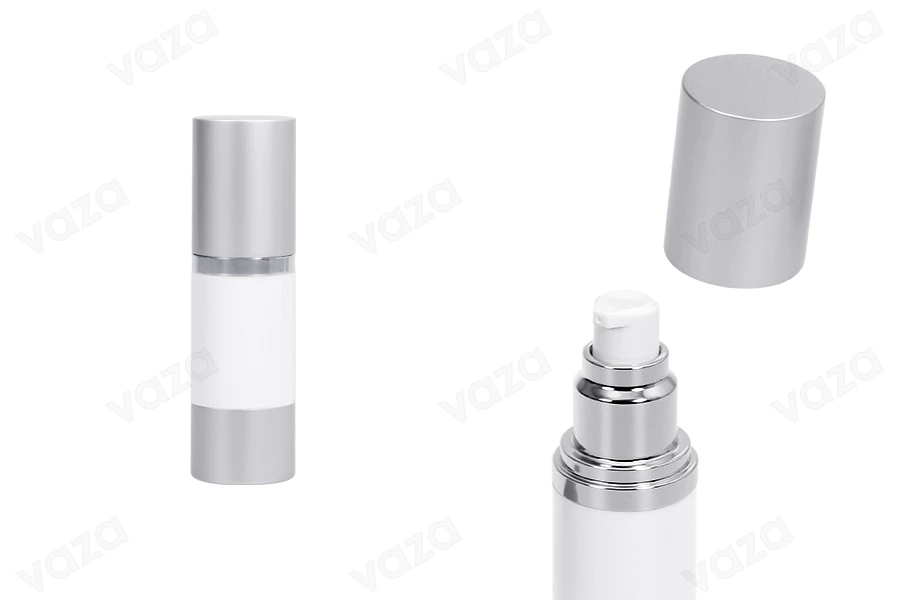 Bottiglia airless da 30 ml per crema con corpo bianco in plastica, con tappo e base in alluminio di colore argento opaco. Bottiglia airless da 30 ml per crema con corpo bianco in plastica, con tappo e base in alluminio di colore argento opaco.-immagine_prodotto