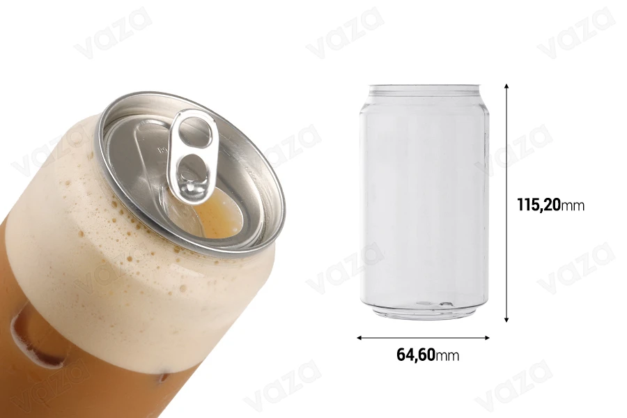 Canette en plastique (PET) 330 ml (court) transparent avec bouchon en aluminium (nécessite l'utilisation d'une machine à fermer) - 200 pcs-photo_dimensions