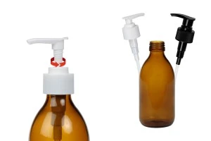 Bottiglia di vetro da 250 ml, colore ambra, con pompetta in plastica.-2