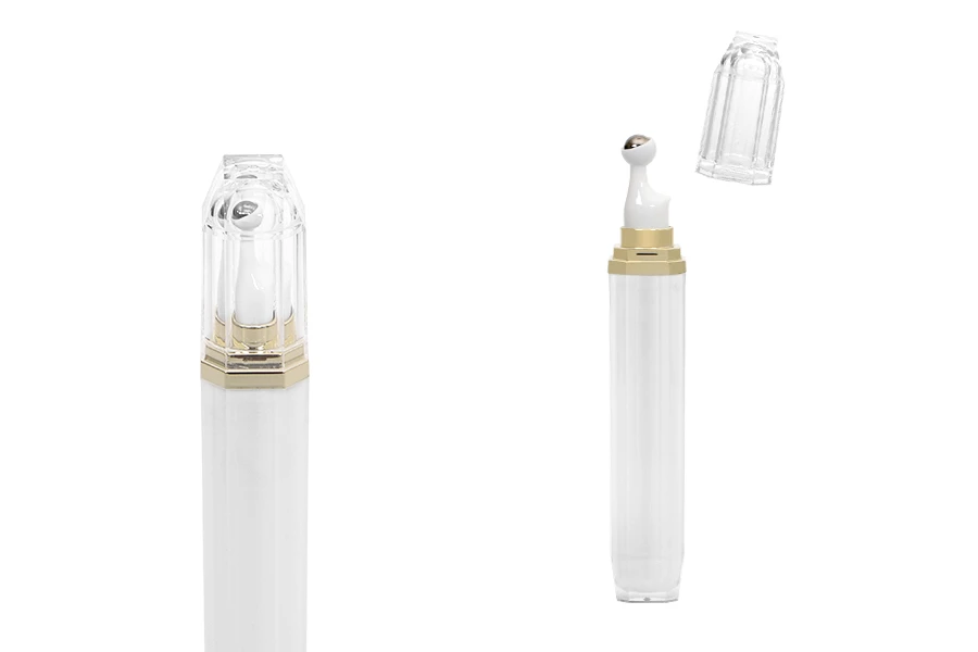 Bottiglietta acrilica da 20 ml per uso cosmetico con pompetta roll-on e tappo.