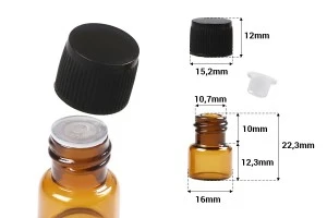 Γυάλινο μπουκαλάκι μινιατούρα 1 ml, καραμελέ 16x22 με μαύρο καπάκι και πλαστική τάπα-2