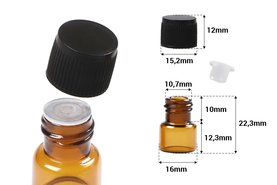 Γυάλινο μπουκαλάκι μινιατούρα 1 ml, καραμελέ 16x22 με μαύρο καπάκι και πλαστική τάπα