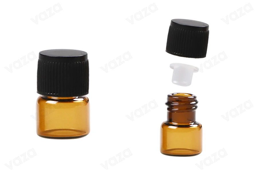 Γυάλινο μπουκαλάκι μινιατούρα 1 ml, καραμελέ 16x22 με μαύρο καπάκι και πλαστική τάπα-εικόνα_προϊοντική