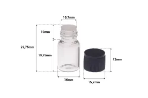 Μπουκαλάκι 2 ml μινιατούρα, γυάλινο, διάφανο 16x30 με μαύρο καπάκι και πλαστική τάπα-2