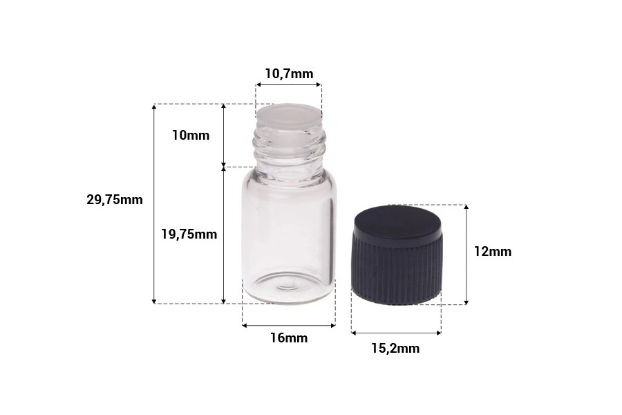 Μπουκαλάκι 2 ml μινιατούρα, γυάλινο, διάφανο 16x30 με μαύρο καπάκι και πλαστική τάπα Μπουκαλάκι 2 ml μινιατούρα, γυάλινο, διάφανο 16x30 με μαύρο καπάκι και πλαστική τάπα