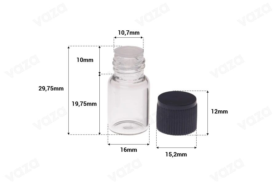 Μπουκαλάκι 2 ml μινιατούρα, γυάλινο, διάφανο 16x30 με μαύρο καπάκι και πλαστική τάπα Μπουκαλάκι 2 ml μινιατούρα, γυάλινο, διάφανο 16x30 με μαύρο καπάκι και πλαστική τάπα-εικόνα_διαστάσεις