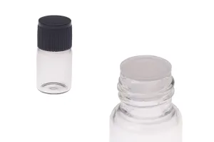 Μπουκαλάκι 2 ml μινιατούρα, γυάλινο, διάφανο 16x30 με μαύρο καπάκι και πλαστική τάπα-1