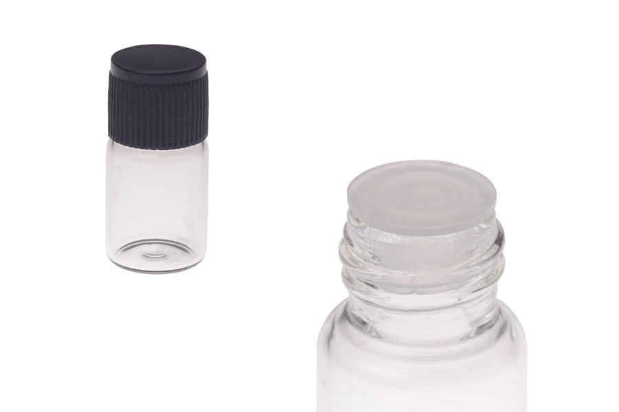 Μπουκαλάκι 2 ml μινιατούρα, γυάλινο, διάφανο 16x30 με μαύρο καπάκι και πλαστική τάπα Μπουκαλάκι 2 ml μινιατούρα, γυάλινο, διάφανο 16x30 με μαύρο καπάκι και πλαστική τάπα