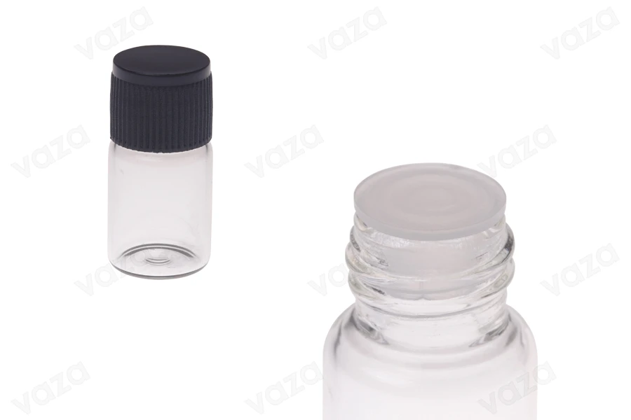 Μπουκαλάκι 2 ml μινιατούρα, γυάλινο, διάφανο 16x30 με μαύρο καπάκι και πλαστική τάπα Μπουκαλάκι 2 ml μινιατούρα, γυάλινο, διάφανο 16x30 με μαύρο καπάκι και πλαστική τάπα-εικόνα_προϊοντική