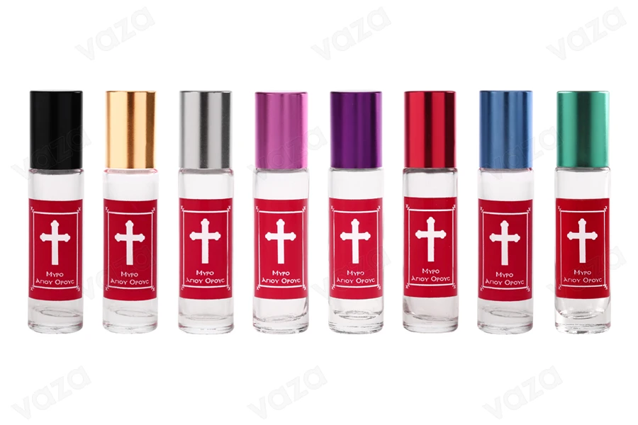 Roll-on qelqi10 ml me sferë qelqi, me mbishkrim të kuq “Mirrë e Malit të Shenjtë” dhe kapak alumini në ngjyra të ndryshme, për kisha dhe manastire-imazh_produkt