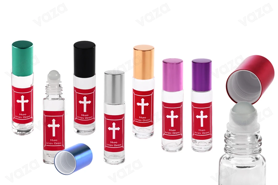Roll-on qelqi10 ml me sferë qelqi, me mbishkrim të kuq “Mirrë e Malit të Shenjtë” dhe kapak alumini në ngjyra të ndryshme, për kisha dhe manastire-imazh_dimensione