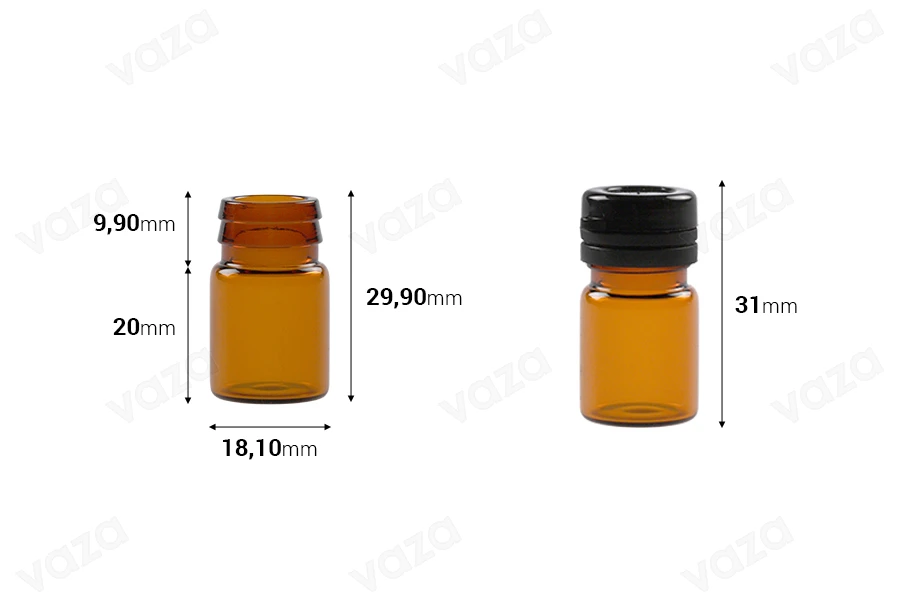 3ml amber glass vial with black plastic child-resistant cap for medicines and pharmaceutical products-image_dimensions
